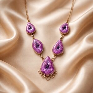 VINTAGE Purple Solar Quartz Amethyst Druzy‎ Necklace 925 Sterling Silver.